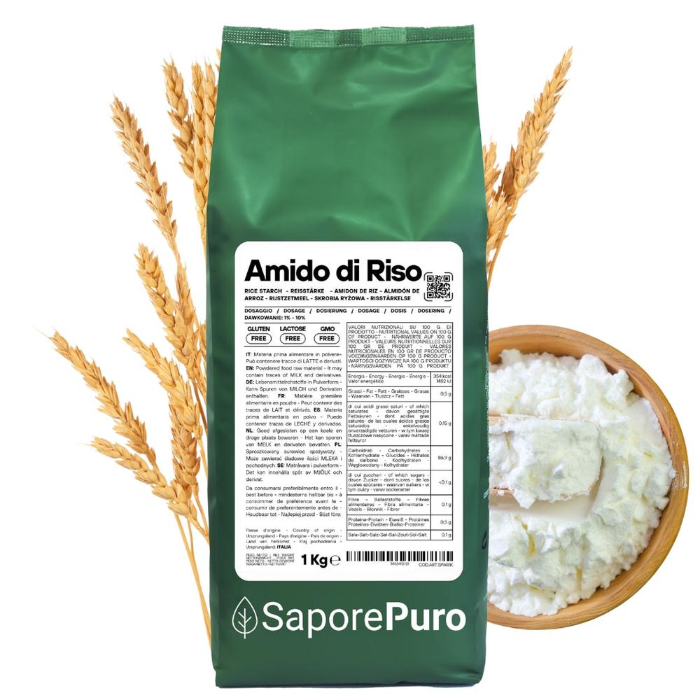 Amido di riso naturale SaporePuro, prodotto italiano, in sacchetto bianco con etichetta, pronto per usi culinari e di bellezza.